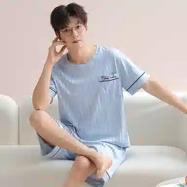 莫代尔 韩版显瘦亲肤轻盈时尚细腻舒适简约透气休闲带胸垫情侣款可外穿短袖短裤睡衣套装 男女同款