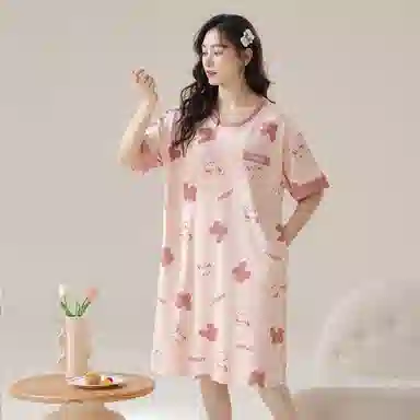 莫代尔 柔软舒适细腻透气微弹耐磨带胸垫防凸点亲肤休闲可外穿短袖睡裙 女款 淡粉色