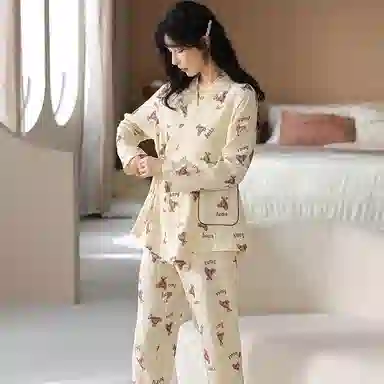 莫代尔 纯色时尚满印小熊印花舒适纱布长袖上衣松紧带双口袋长裤可外穿少女睡衣套装 女款 杏色