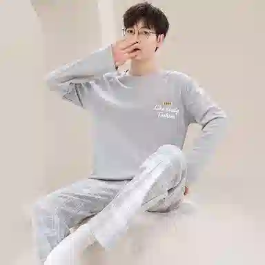 莫代尔 舒适透气纯棉柔软亲肤细腻宽松微弹耐磨吸湿排汗开衫长袖松紧裤腰可居家休闲可外穿长裤睡衣套装 男款 银色