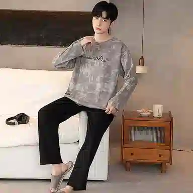 莫代尔 韩版时尚亲肤柔软透气舒适休闲居家可外穿圆领长袖长裤睡衣套装 男款 灰色