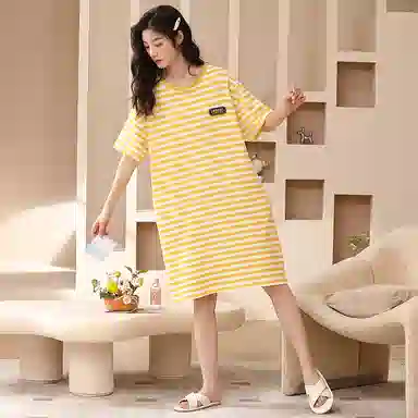 莫代尔 简约亲肤短袖裙带胸垫防凸可外穿透气睡裙 女款 黄白条纹