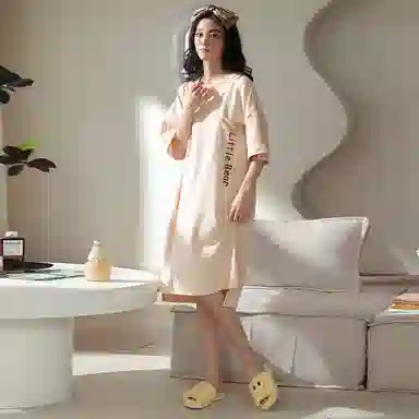 莫代尔 细腻亲肤透气舒适排汗吸湿宽松耐磨可居家休闲可外穿女士短袖睡裙 女款 杏色