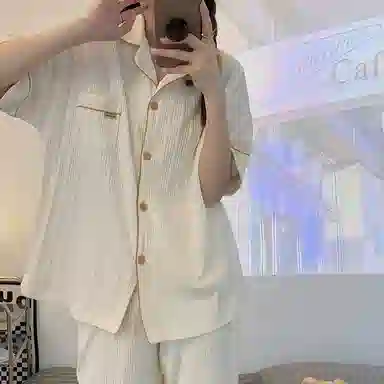 莫代尔 时尚亲肤纯色休闲细腻舒适翻领开衫百搭柔软短袖七分裤家居服可外穿睡衣套装 女款 杏色