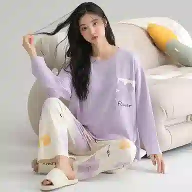 莫代尔 亲肤带胸垫防凸点舒适长袖花卉满印长裤套头圆领甜美家居服可外穿睡衣套装 女款 香芋紫