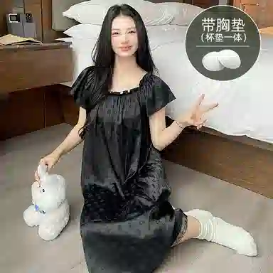 莫代尔 休闲简约甜美短袖宽松百搭带胸垫防凸点舒适柔软细腻可外穿夏季睡裙 女款 黑色
