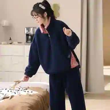 莫代尔 简约透气细腻亲肤吸湿排汗耐磨舒适柔软长袖休闲可外穿长裤睡衣套装 男款 藏青色