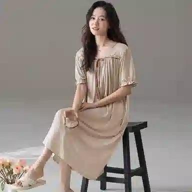 莫代尔 慵懒个性轻盈透气圆领套头休闲时尚气质百搭舒适柔软亲肤细腻家居裙短袖裙可外穿女士睡裙 女款
