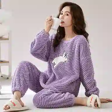 莫代尔 加厚柔软舒适细腻长袖长裤可外穿睡衣套装 女款 淡紫色