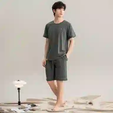 莫代尔 薄款抗菌防螨套头短袖五分裤家居服可外穿舒适简约睡衣套装 男款 橄榄绿