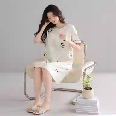 莫代尔 气质舒适百搭轻柔圆领套头短袖亲肤透气细腻宽松可外穿夏季睡裙 女款 杏色