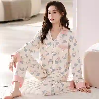 莫代尔 舒适亲肤柔软微弹透气吸汗耐磨开衫长袖长裤不勒腹休闲居家可外穿睡衣套装 女款 杏色