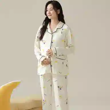 莫代尔 简约舒适柔软透气吸湿排汗亲肤开衫长袖长裤家居服可外穿睡衣套装 女款 白色