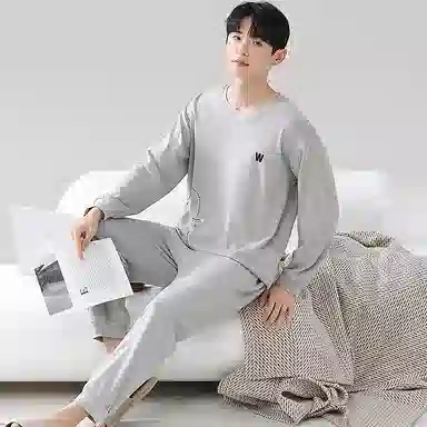莫代尔 轻盈吸湿排汗舒适亲肤耐磨柔软微弹透气可居家休闲可外穿长袖长裤睡衣套装 男款 浅灰色