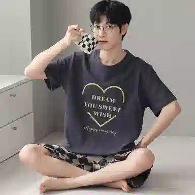 莫代尔 简约字母时尚韩版舒适亲肤透气短袖松紧带可外穿休闲五分裤睡衣套装 男款 浅灰色