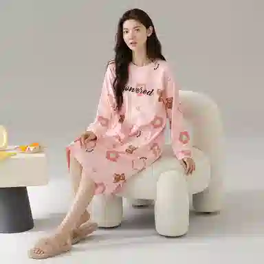 莫代尔 纯棉透气轻盈耐磨亲肤微弹吸湿排汗柔软细腻舒适可居家休闲可外穿长袖睡裙 女款 淡粉色