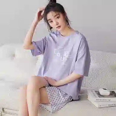 莫代尔 轻柔个性纯棉圆领舒适亲肤细腻无束缚时尚短袖三分裤睡衣套装 女款 紫色