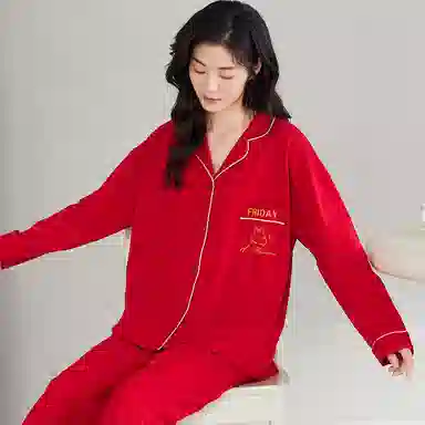 莫代尔 时尚开衫显瘦长袖长裤简约亲肤舒适家居服可外穿睡衣套装 男女同款 红色