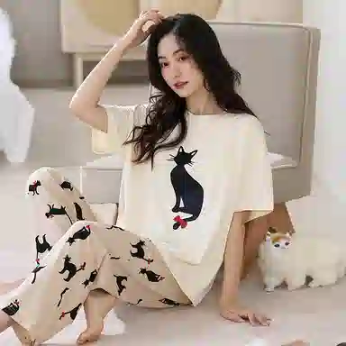 莫代尔 宽松百搭舒适圆领套头时尚轻柔亲肤透气不易起球短袖长裤可外穿夏季睡衣套装 女款 杏色