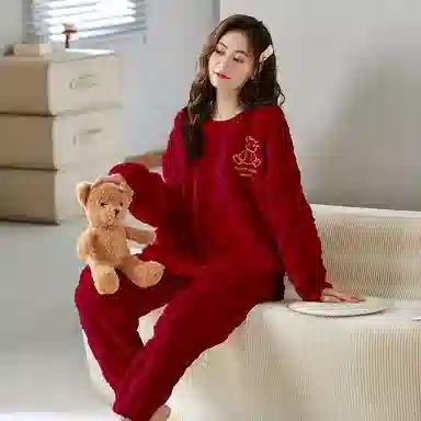 莫代尔 保暖储温蓄热防寒亲肤舒适长袖长裤套头圆领家居服可外穿睡衣套装 女款 红色