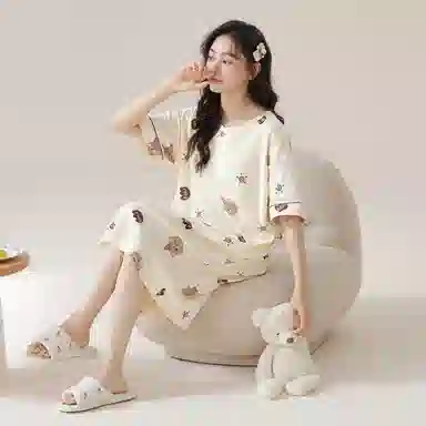 莫代尔 简约柔软舒适细腻透气耐磨微弹带胸垫防凸点亲肤休闲可外穿短袖睡裙 女款 杏色