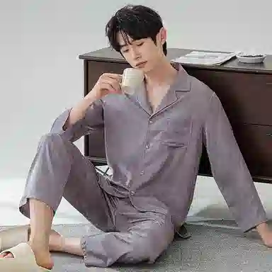 莫代尔 休闲个性翻领开衫简约时尚耐磨柔软细腻无束缚长袖长裤睡衣套装 男款 灰色