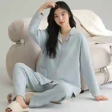 莫代尔 亲肤舒适开衫翻领隐蔽哺乳口长袖可调节裤腰长裤孕妇月子服素色睡衣套装 女款 浅蓝色