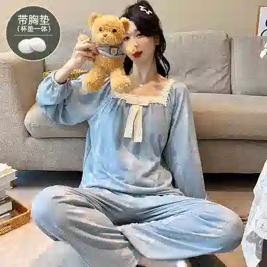 莫代尔 简约清新亲肤带胸垫防凸点方领长袖长裤甜美可外穿睡衣套装 女款 天蓝色