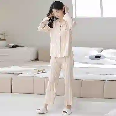 莫代尔 简约亲肤舒适长袖长裤甜美时尚翻领家居服可外穿家居服睡衣套装 女款 杏色