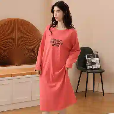 莫代尔 亲肤舒适纯色印花满印长袖居家休闲可外穿睡裙 女款 西瓜红