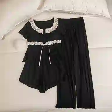 莫代尔 韩版休闲简约轻盈透气套头舒适柔软亲肤细腻带胸垫防凸点短袖家居服睡衣套装 女款