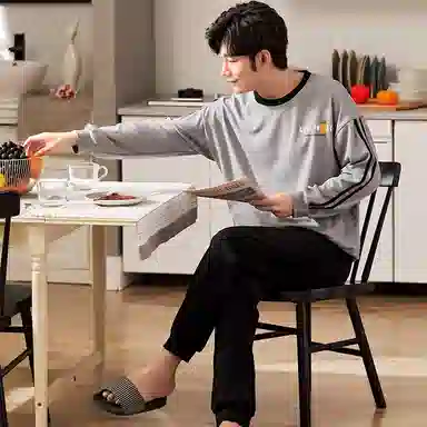 莫代尔 经典简约时尚气质保暖轻柔亲肤舒适圆领有口袋长袖长裤时尚可穿睡衣套装 男款 灰色