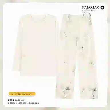 莫代尔 韩版小清新长袖长裤简约柔软亲肤舒适轻盈透气居家可外穿睡衣套装 女款 白色