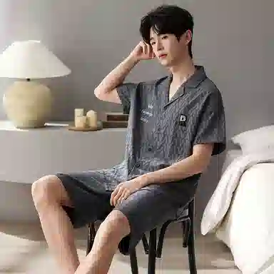 莫代尔 慵懒随性气质时尚百搭翻领开衫舒适亲肤细腻耐磨耐穿休闲简约短袖短裤两件套可外穿睡衣套装 男款