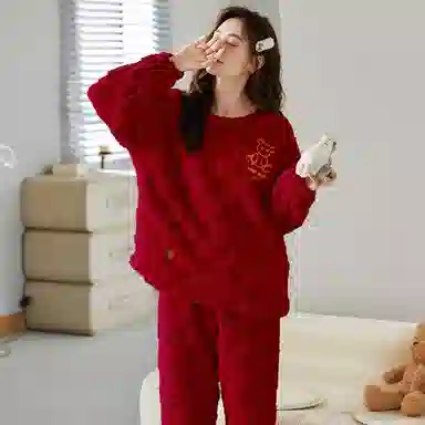 莫代尔 保暖储温蓄热防寒亲肤舒适长袖长裤套头圆领家居服可外穿睡衣套装 女款 红色