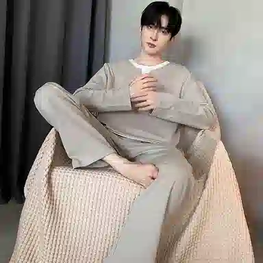 莫代尔 亲肤舒适套头圆领长袖家居服可外穿长裤睡衣套装 男款 卡其色