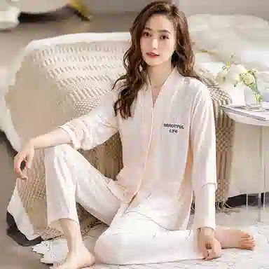 莫代尔 简约柔软韩版甜美时尚柔软长袖可外穿舒适不易起球长裤睡衣套装 女款 杏色