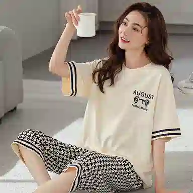 莫代尔 舒适亲肤细腻柔软透气微弹耐磨吸湿排汗短袖弹力裤腰不勒腹七分裤休闲可外穿睡衣套装 女款 杏色