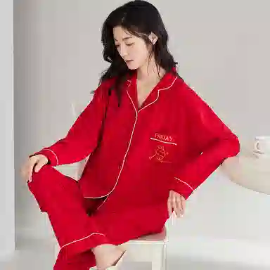 莫代尔 时尚开衫显瘦长袖长裤简约亲肤舒适家居服可外穿睡衣套装 男女同款 红色