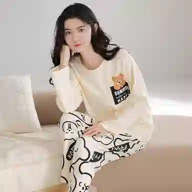 莫代尔 舒适柔软微弹透气吸湿亲肤耐磨长袖长裤不勒腹可居家休闲可外穿睡衣套装 女款 杏色