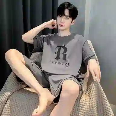 莫代尔 亲肤轻薄透气舒适圆领套头居家短袖短裤可外穿睡衣套装 男款 铅色