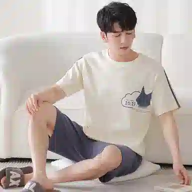 莫代尔 薄款韩版卡通时尚亲肤透气短袖五分裤家居服休闲可外穿睡衣套装 男款 杏色