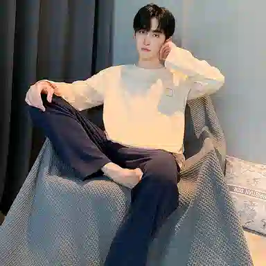 莫代尔 舒适亲肤时尚圆领套头长袖长裤可外穿素色睡衣套装 男款 杏色