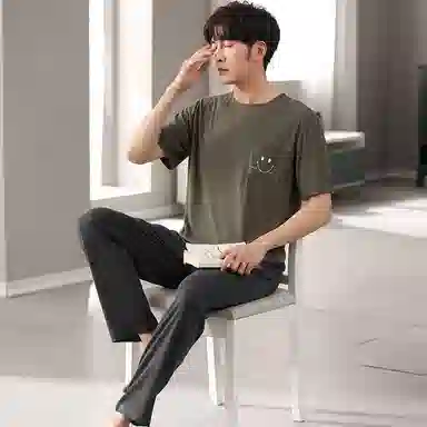 莫代尔 休闲舒适亲肤纯色透气圆领套头短袖上衣松紧腰长裤睡衣套装 男款 橄榄色