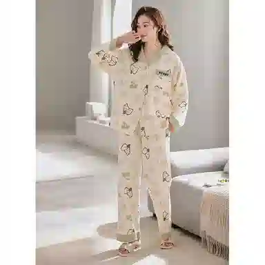 莫代尔 亲肤舒适开衫翻领长袖长裤甜美满印卡通兔可外穿睡衣套装 女款 杏色