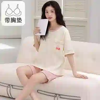 莫代尔 可外穿休闲时尚亲肤微弹圆领套头短袖带杯垫春夏季睡衣套装 女款 杏色