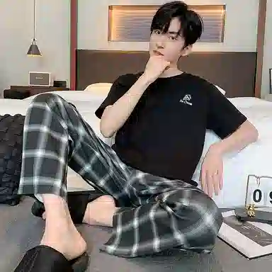 莫代尔 时尚印花短袖方格简约休闲长裤可外穿睡衣套装 男款 黑色