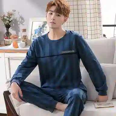 莫代尔 轻盈透气亲肤吸湿排汗舒适耐磨柔软微弹可居家休闲可外穿长袖长裤睡衣套装 男款 藏青色
