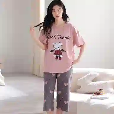 莫代尔 字母小熊印花舒适圆领上衣蝴蝶结七分裤睡衣套装 女款 粉色