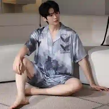 莫代尔 休闲简约宽松细腻翻领开衫舒适柔软亲肤透气显瘦个性无束缚短袖短裤情侣款家居服可外穿睡衣套装 男女同款